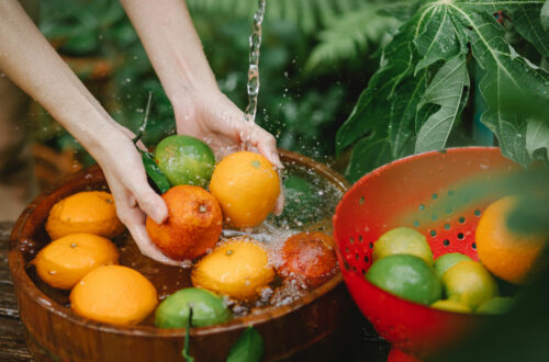 Frau wäscht frisches Bio Obst draussen in einer Wasserschüssel