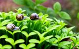 drei Schnecken sitzen auf Pflanzen im Garten